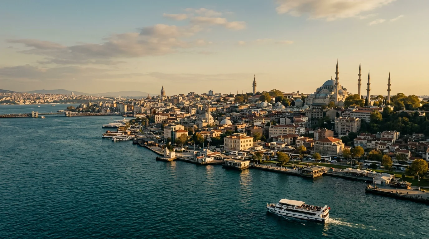 Cinematic view of Istanbul’s mosque-lined skyline and the Bosphorus at golden hour